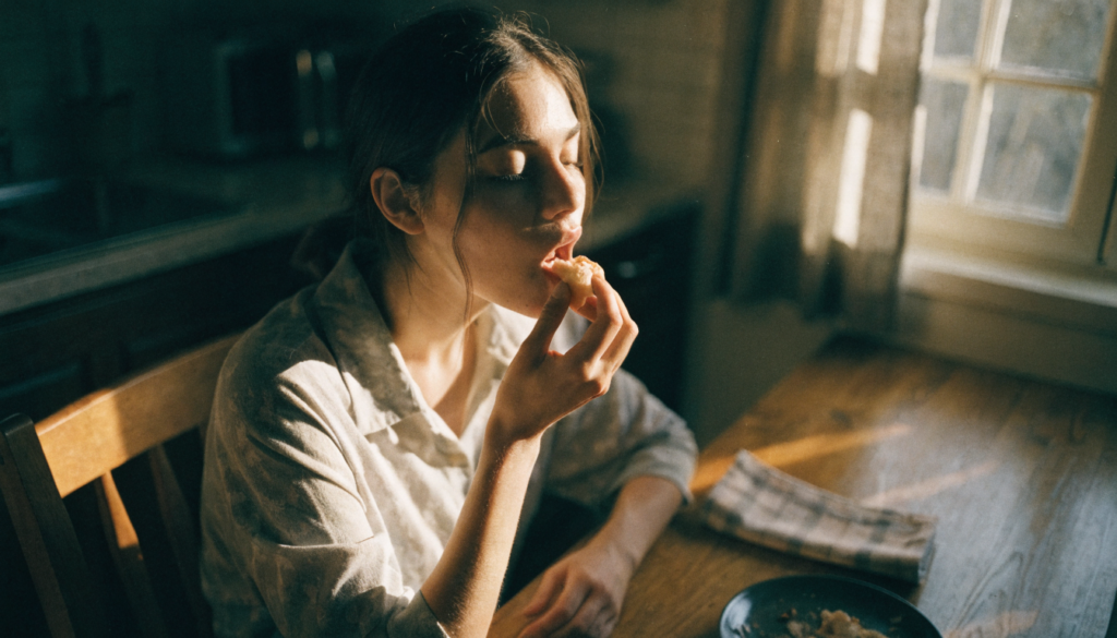 Mulher sentada à mesa da cozinha saboreando uma refeição devagar, de olhos fechados