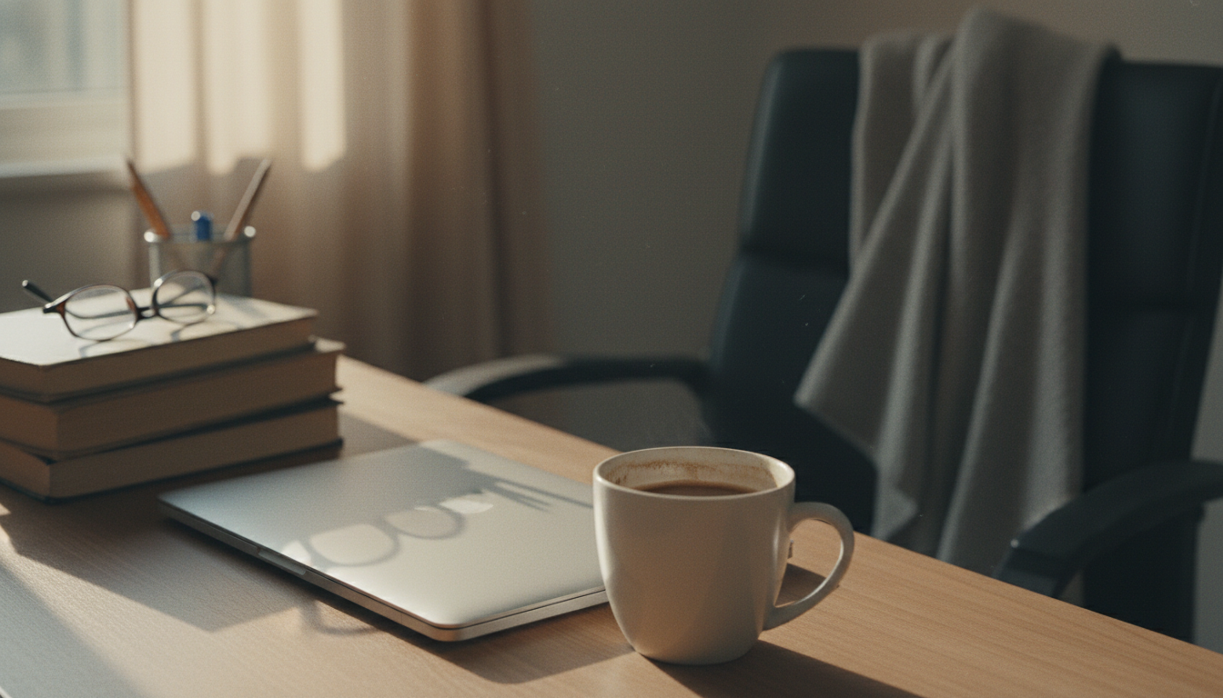 Xícara de café esfriando ao lado de um notebook fechado na mesa, à tarde
