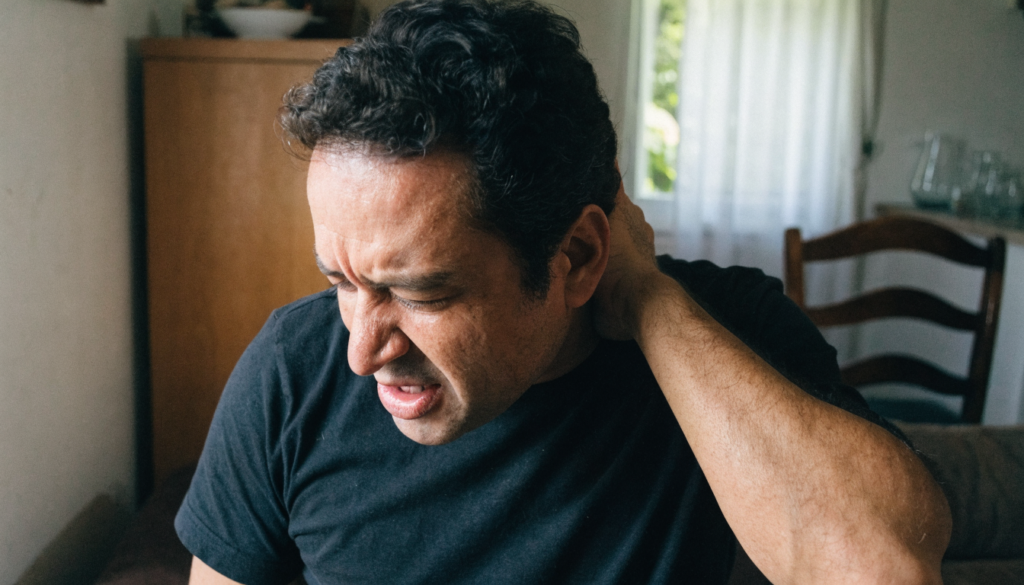Homem em casa massageando a nuca tensa com uma careta de desconforto muscular, ombros curvados