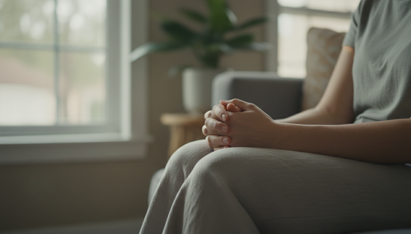 Mãos apoiadas sobre os joelhos num momento de pausa, respirando devagar perto da janela