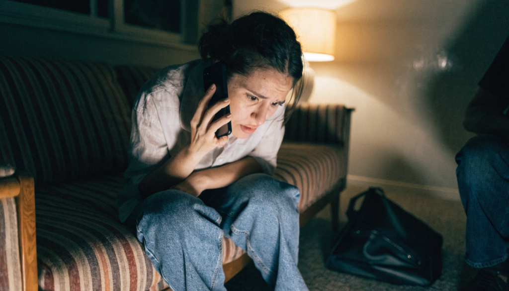 Mulher no sofá à noite ainda checando o celular do trabalho, tensa, sem conseguir desligar