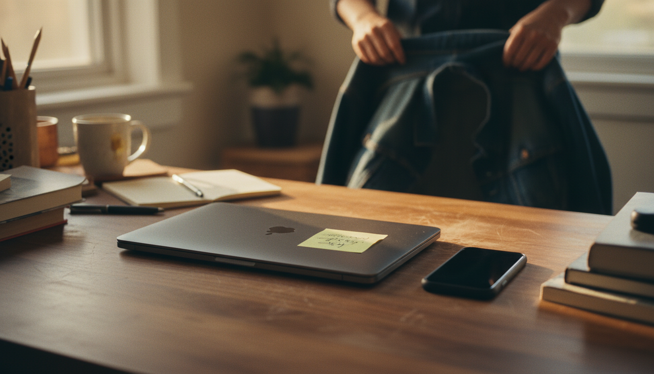 Notebook fechado sobre a mesa no fim do expediente, com um post-it em cima e o celular virado para baixo