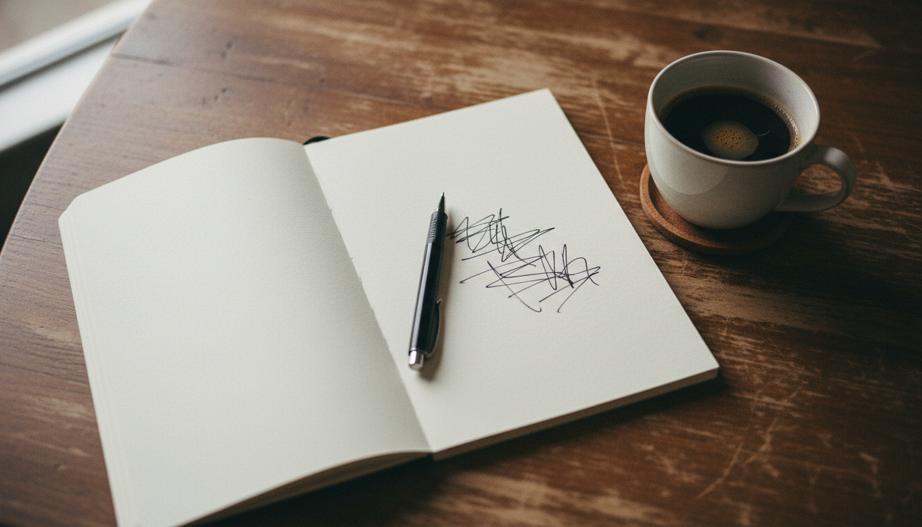Caderno aberto sobre a mesa com poucas linhas escritas à mão e uma caneta ao lado