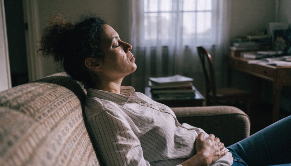 Mulher no sofá de olhos fechados com a mão na barriga, respirando devagar para se acalmar