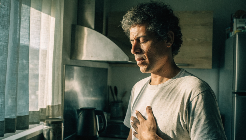 Homem em pé na cozinha, de olhos fechados e a mão no peito, respirando para conter a irritação
