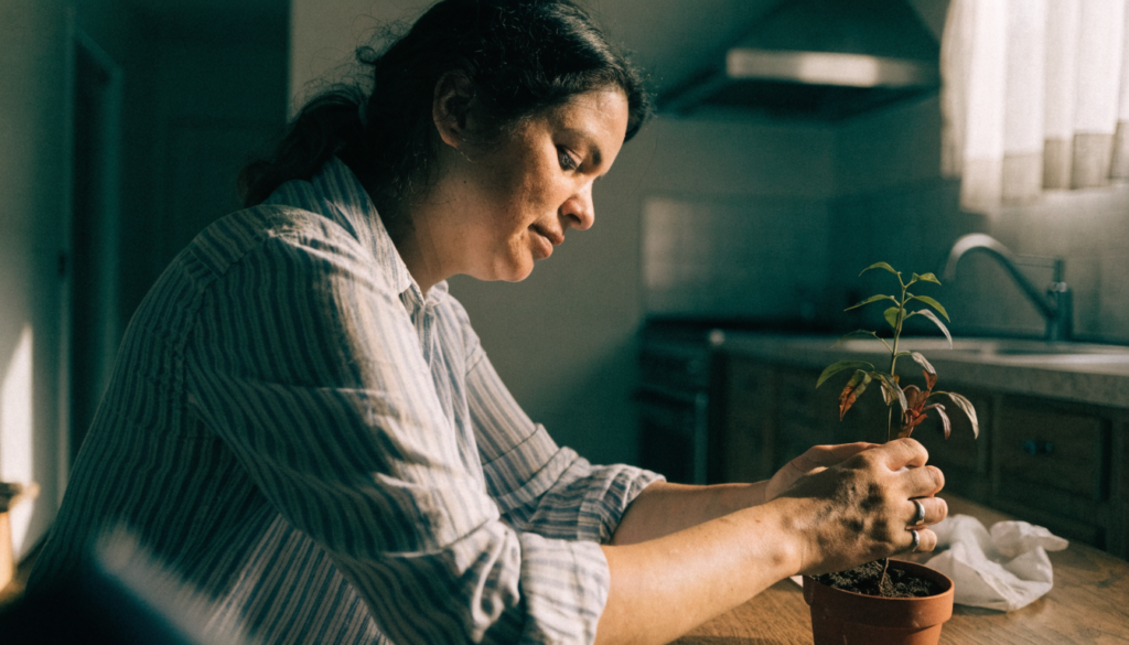 Mulher cuidando de uma pequena planta na mesa da cozinha, concentrada e serena