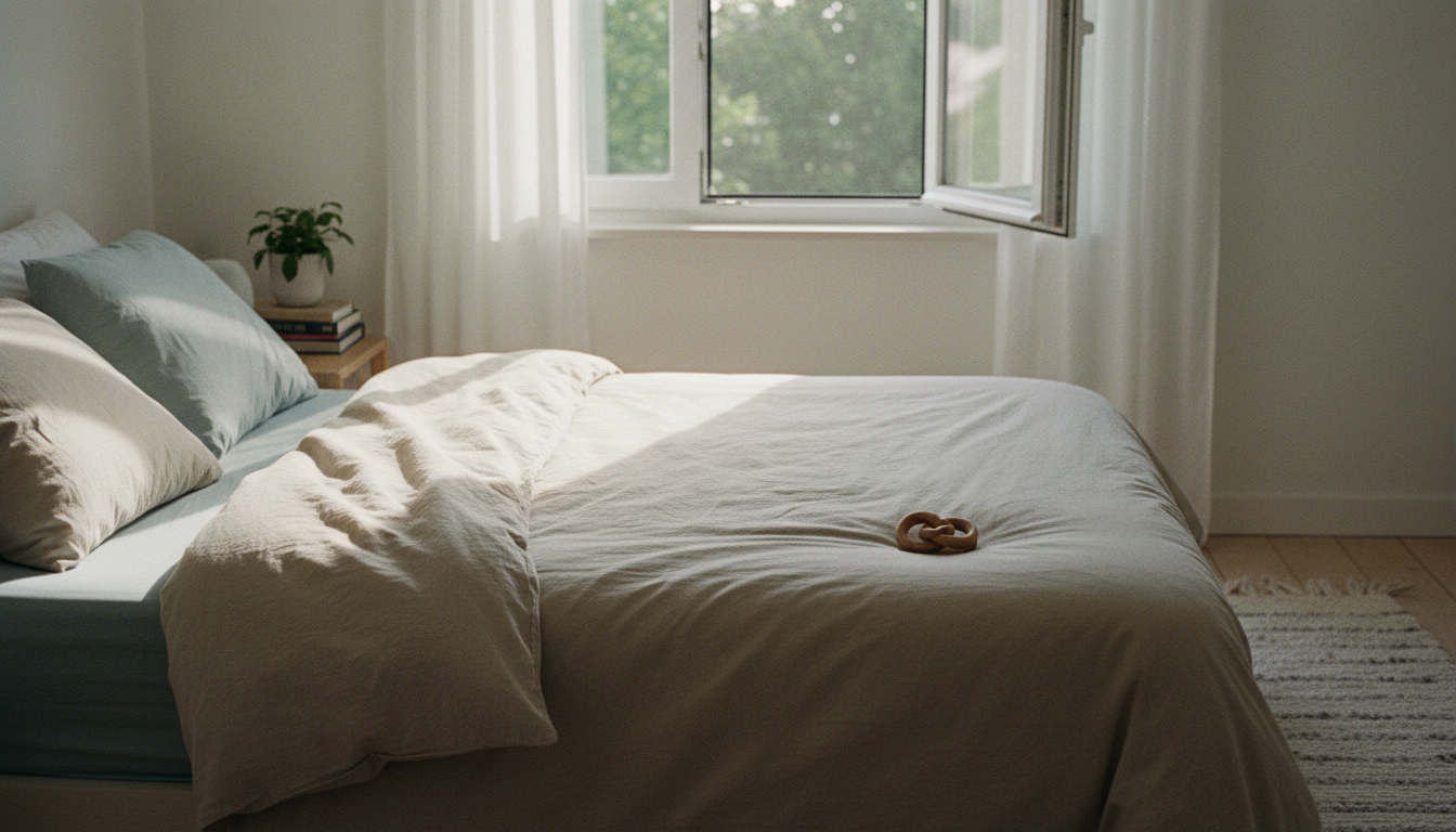 Cama arrumada de manhã com a luz do sol sobre a colcha, uma pequena promessa cumprida