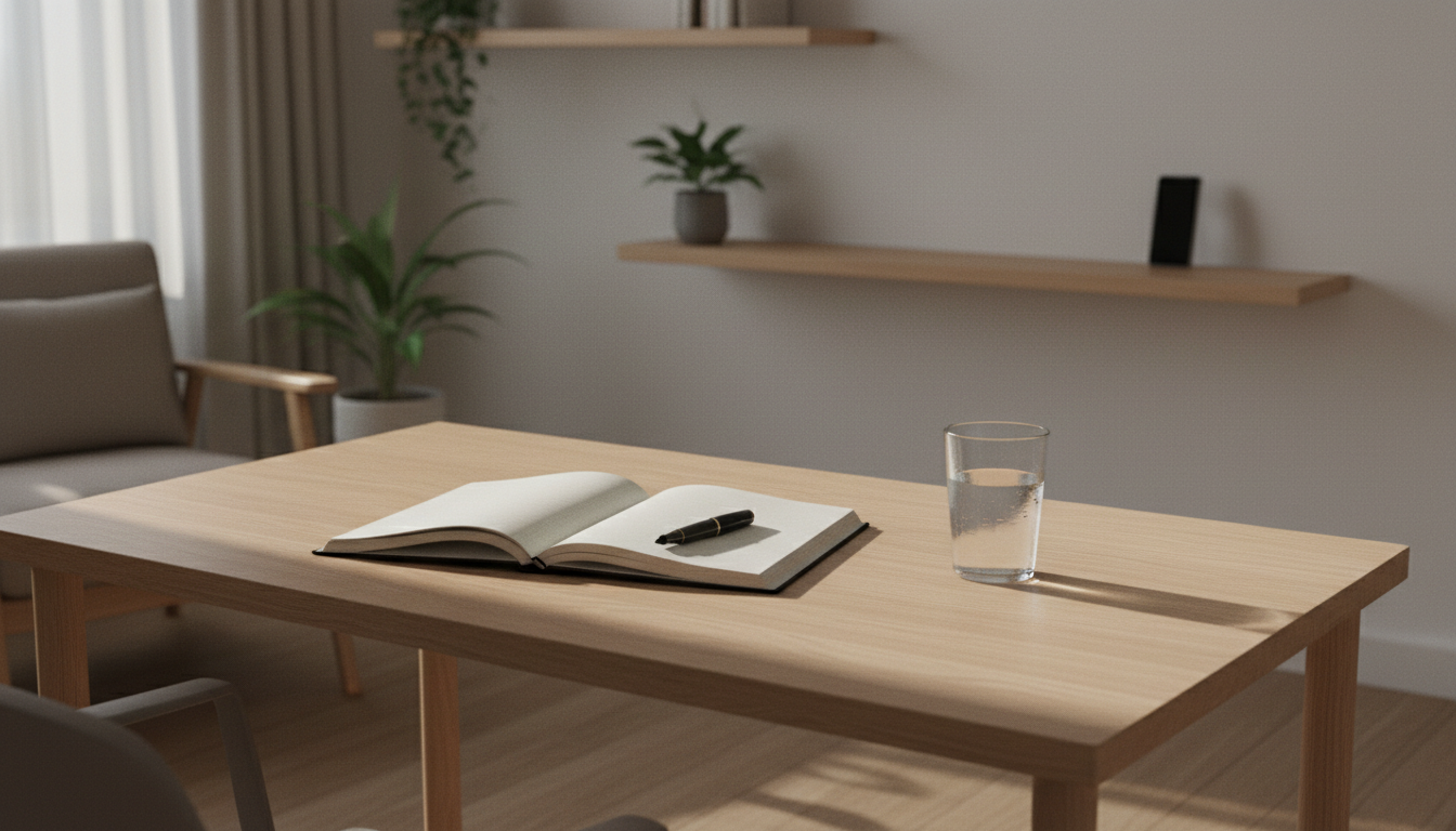 Mesa organizada com caderno e caneta, e o celular guardado longe do alcance