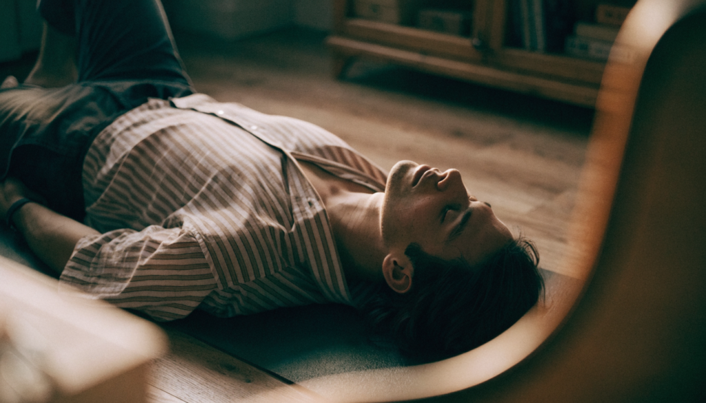 Homem deitado no tapete de yoga com os braços relaxados ao lado do corpo