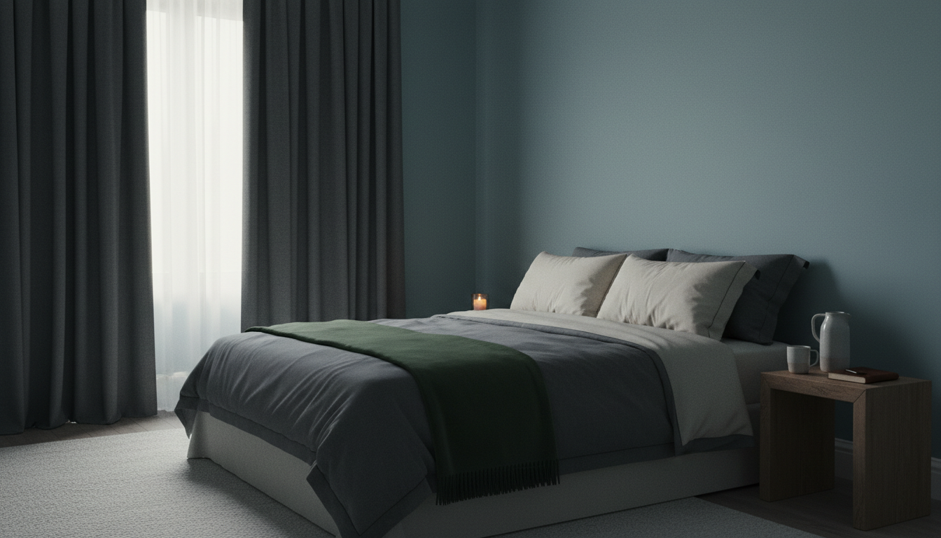 Quarto arrumado com as cortinas quase fechadas, ambiente escuro e fresco, sem telas