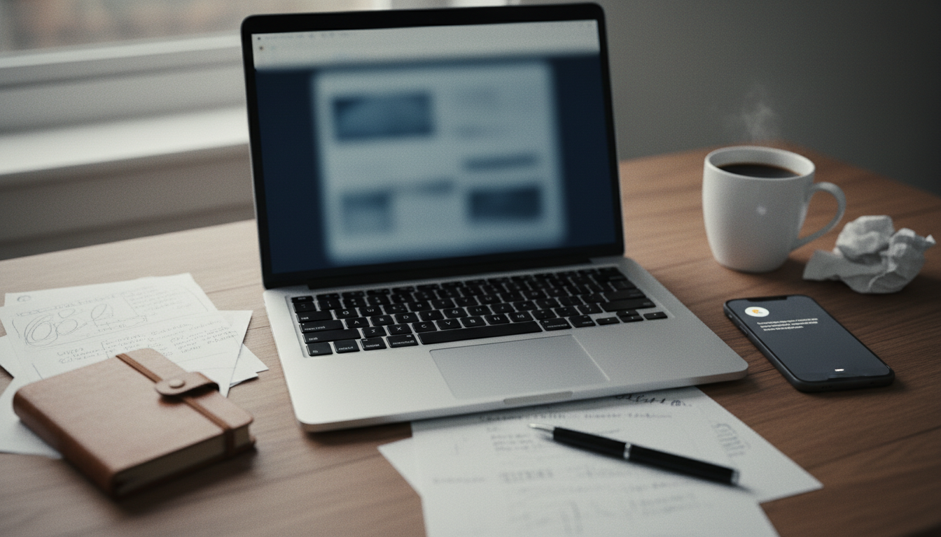 Mesa de trabalho com notebook aberto, celular com notificação acesa ao lado e papéis espalhados