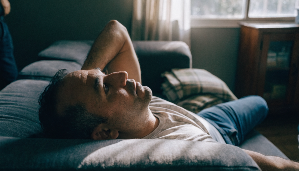 Homem deitado no sofá num fim de semana, acordado, olhando o teto, ainda cansado apesar do descanso