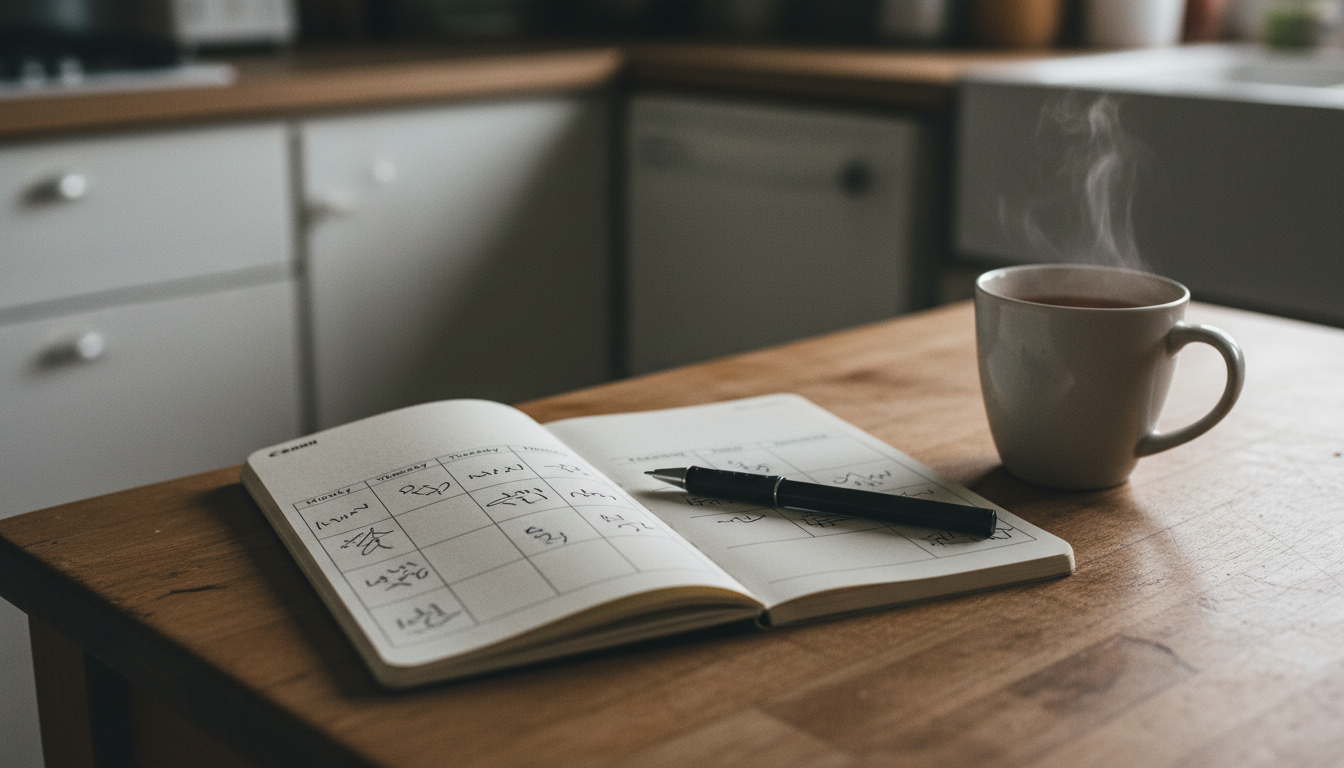 Caderno aberto na mesa da cozinha com um registro semanal à mão e uma xícara de chá ao lado