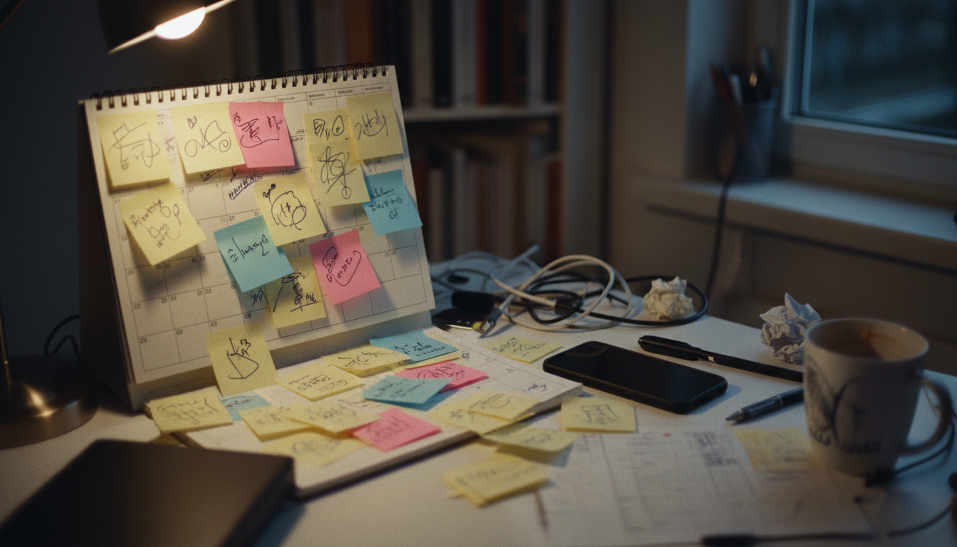 Mesa sobrecarregada à noite, com um calendário coberto de post-its sobrepostos e cabos espalhados