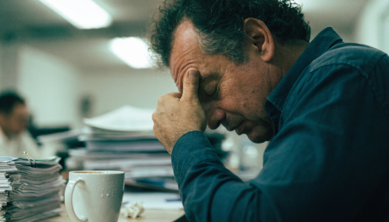 Homem na mesa do escritório apertando a raiz do nariz, ombros tensos, cansado, papéis empilhados ao redor