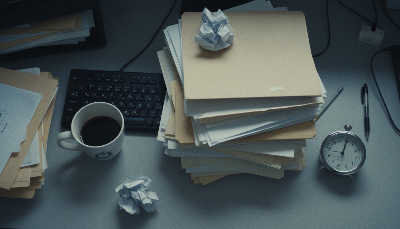 Mesa de escritório bagunçada no fim de um dia longo, com café frio, pilhas de papel e um relógio marcando hora tardia