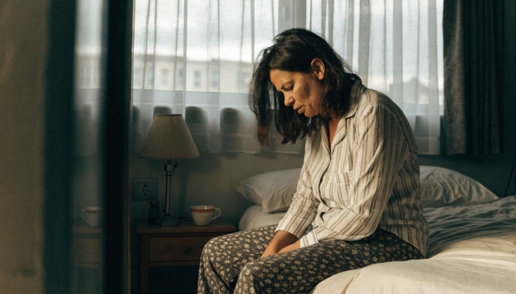 Mulher sentada na beira da cama pela manhã, de pijama, cabisbaixa e sem energia para levantar