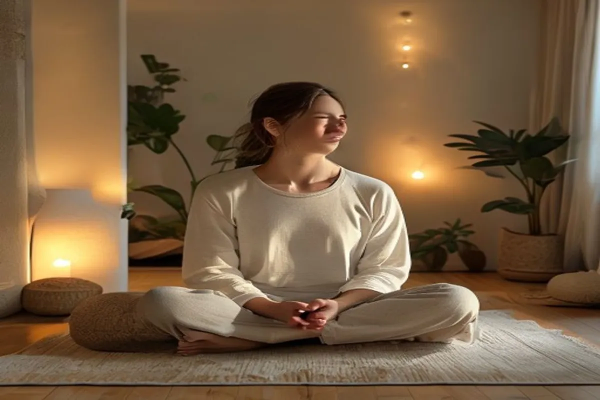 Meditação guiada para relaxar: Pessoa sentada de forma ereta sobre uma almofada em ambiente doméstico calmo, com iluminação suave e planta decorativa ao lado.