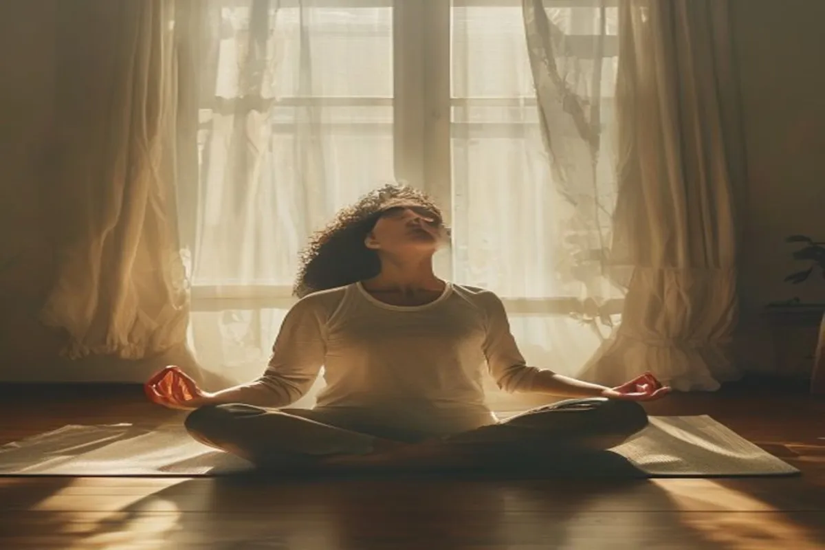 Pessoa deitada em tapete de yoga com olhos fechados em sala aconchegante, luz suave entrando por cortina, expressão relaxada porém sonolenta.