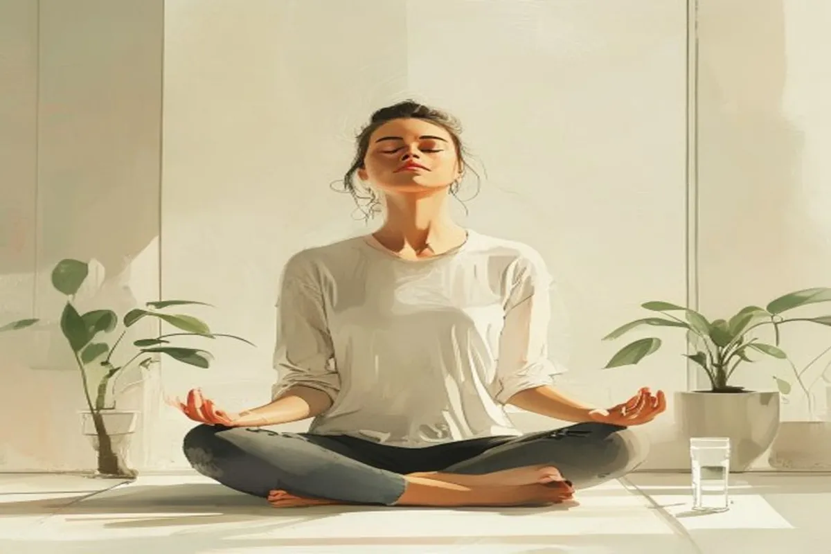 Pessoa sentada com postura ereta praticando respiração consciente, ambiente iluminado e detalhes como copo de água e planta discreta.