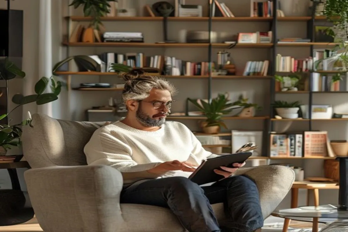 Pessoa sentada em poltrona confortável usando tablet em sala moderna, luz natural e prateleiras com livros ao fundo.
