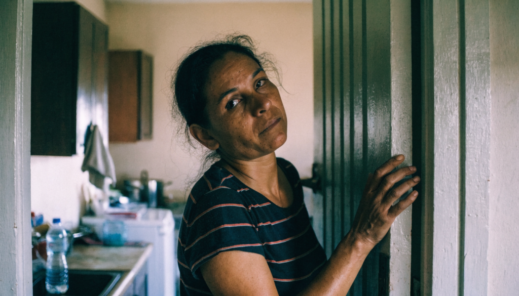 Mulher parada na porta da cozinha, com a mão no batente, tentando lembrar do que foi buscar