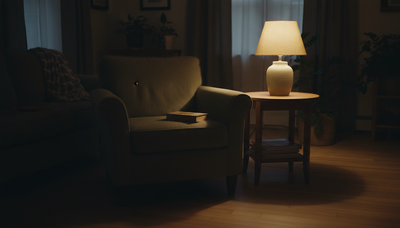 Poltrona da sala à noite, com abajur de luz baixa e um livro fechado sobre o braço