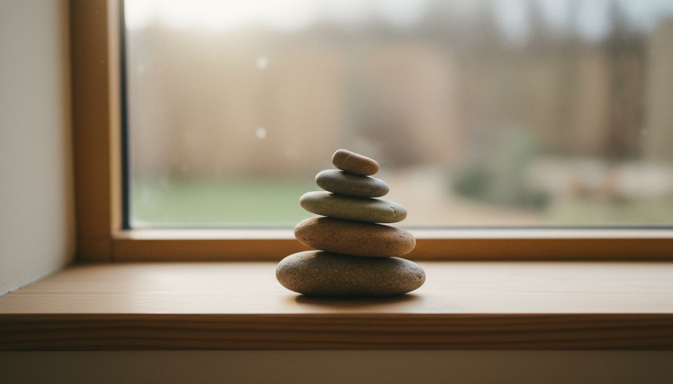 Pequena pilha de pedras lisas equilibradas no parapeito da janela, estável e firme