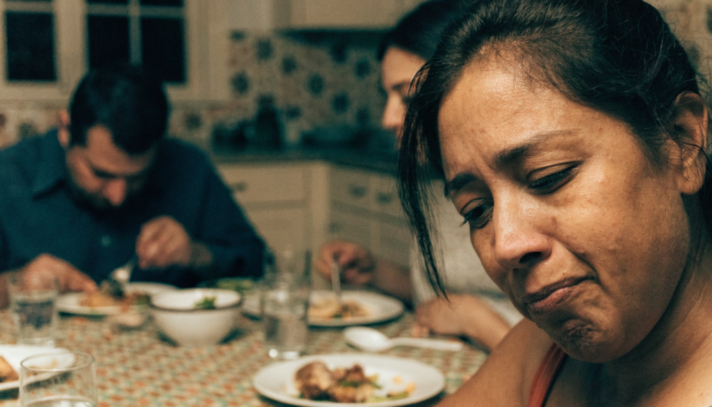 Mulher calada à mesa de jantar com um sorriso forçado, olhando para baixo, segurando o que sente