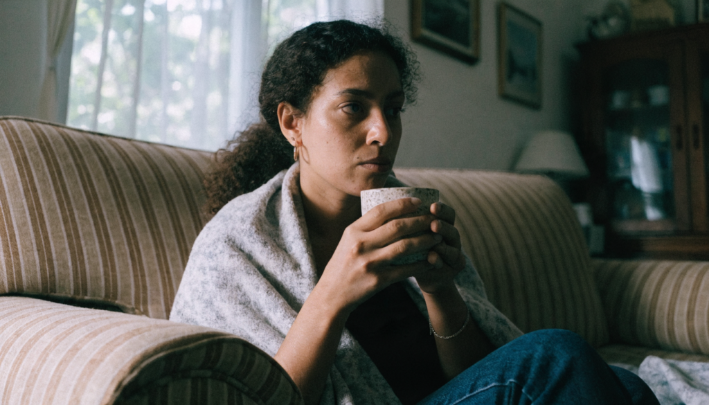 Mulher no sofá segurando uma caneca com as duas mãos trêmulas, com um cobertor nos ombros, sentindo frio
