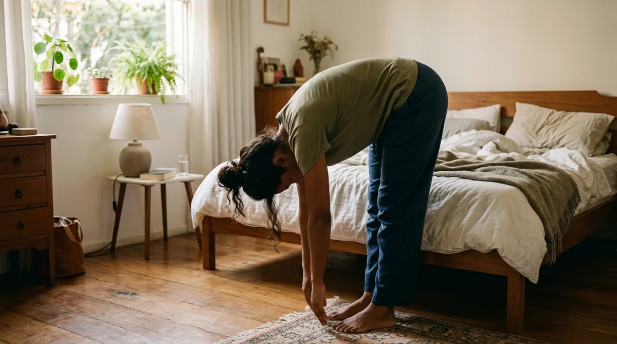 Mulher fazendo uma flexão em pé ao lado da cama pela manhã, com o tronco pendendo para a frente