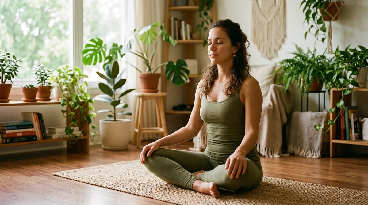 Mulher sentada de pernas cruzadas em meditação tranquila, com as mãos sobre os joelhos e os olhos fechados