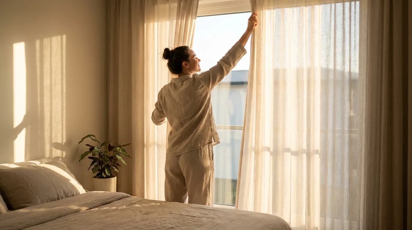 Pessoa abrindo as cortinas do quarto para deixar entrar a luz energizante da manha