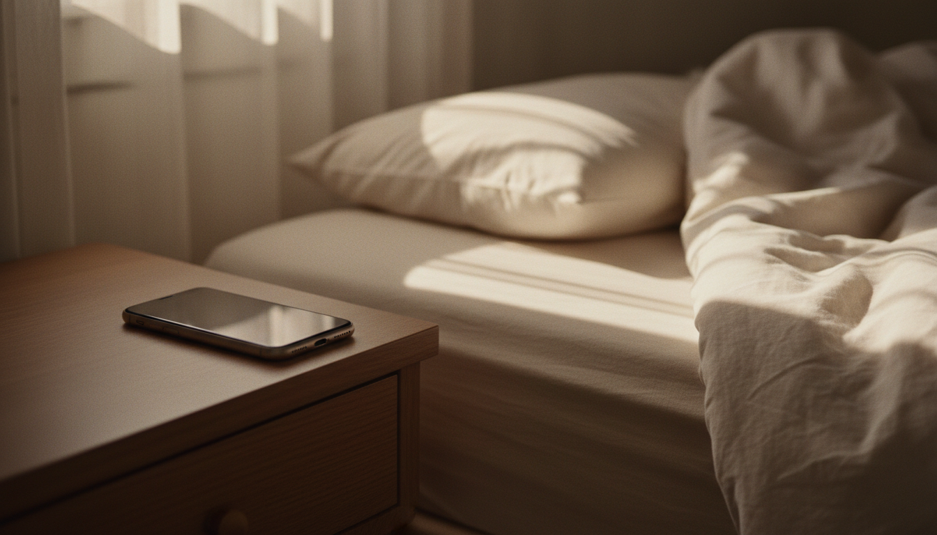 Celular sobre a mesa de cabeceira ao lado da cama, com a luz da manhã no quarto