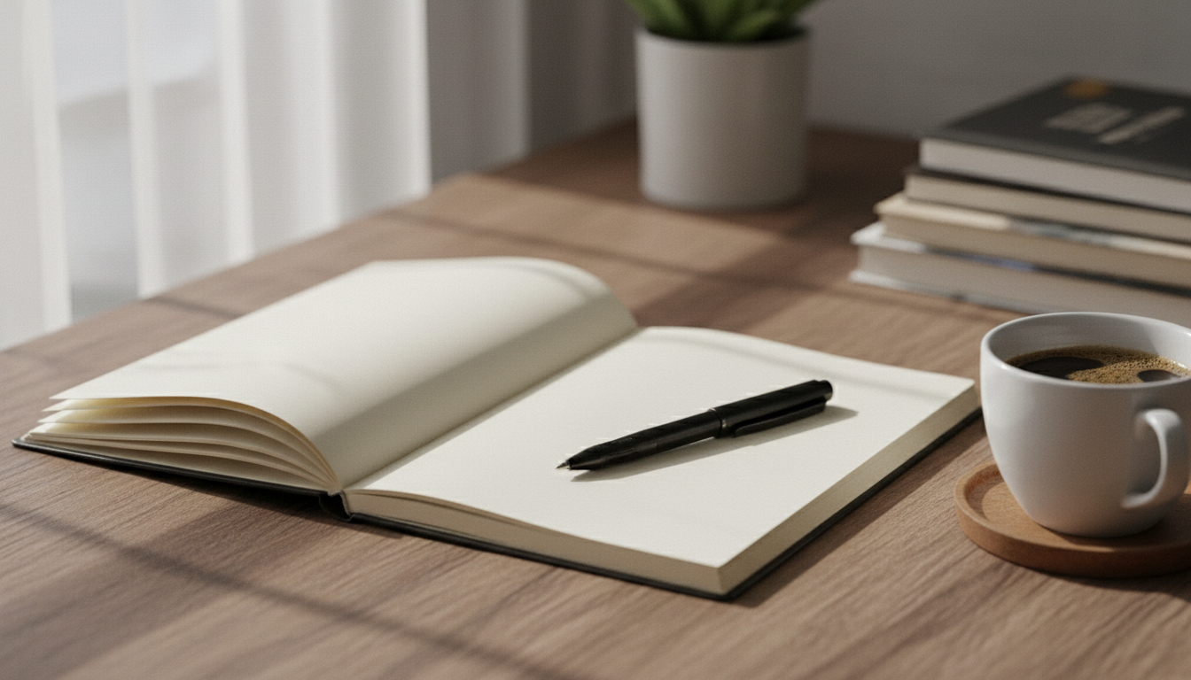 Caderno aberto com caneta sobre a mesa e uma xícara de café ao lado, à luz do dia