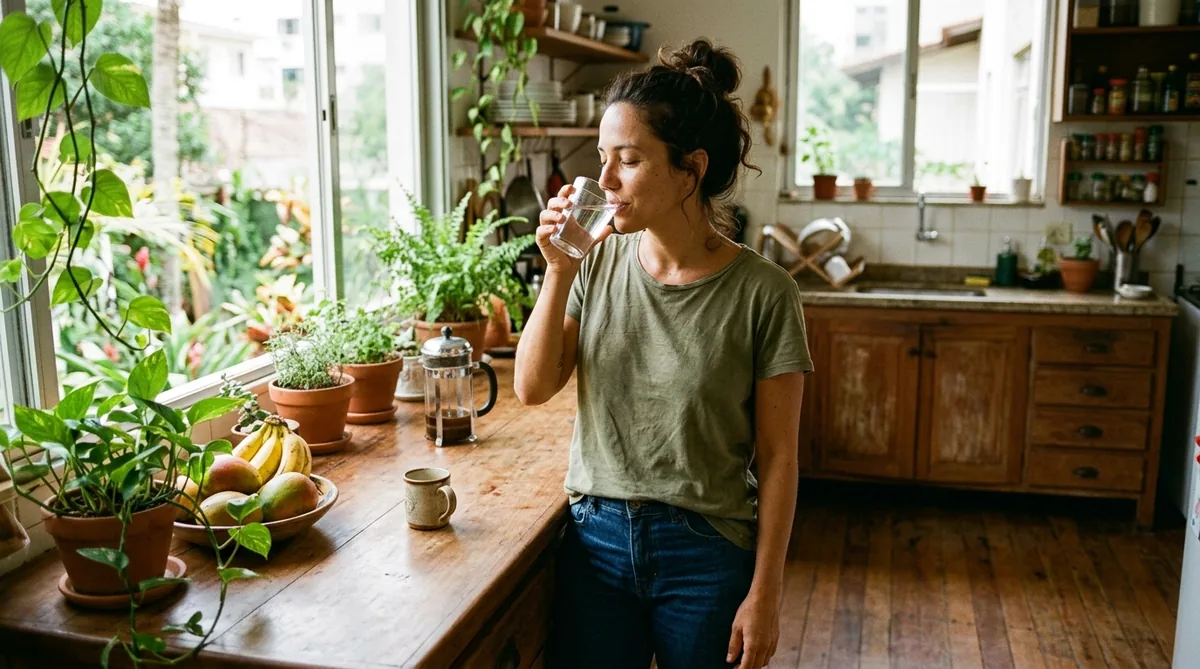 Mulher bebendo um copo de água numa cozinha iluminada pela manhã, um gesto simples de autocuidado físico