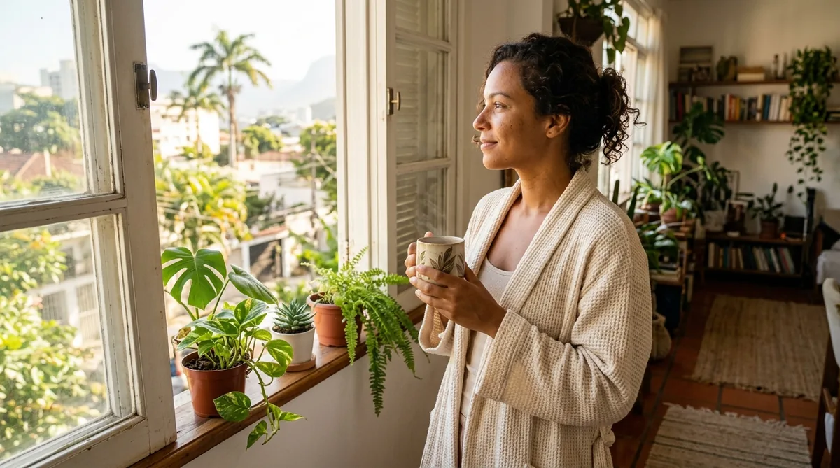 Mulher tomando um café tranquilo perto da janela pela manhã, começando o dia com calma
