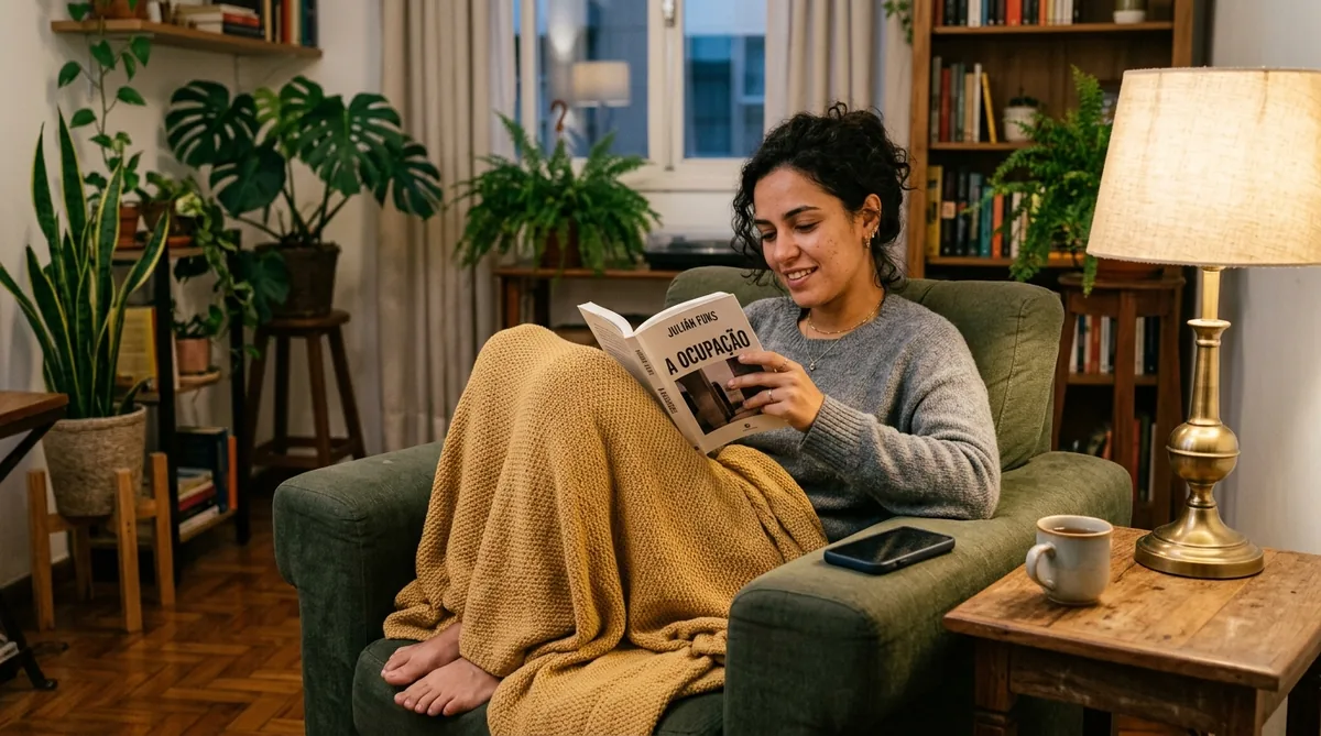 Mulher lendo um livro numa poltrona aconchegante, com o celular deixado de lado, cuidando da mente