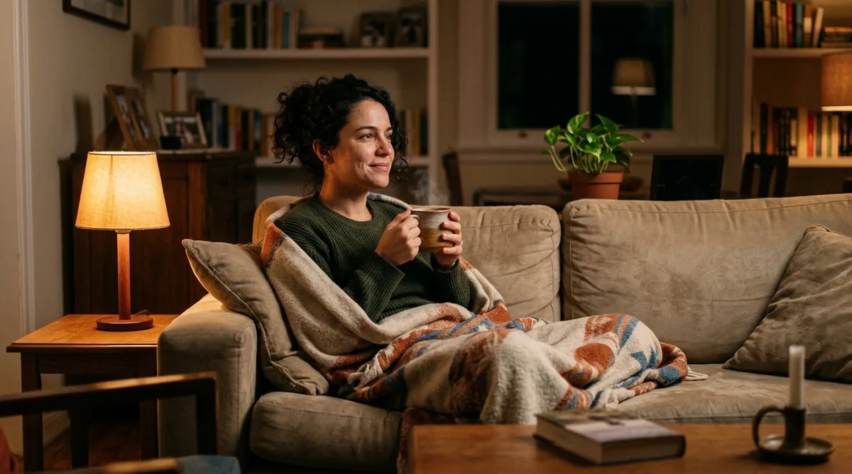 Mulher relaxando no sofá à noite, enrolada numa manta com uma caneca quente, desacelerando no fim do dia