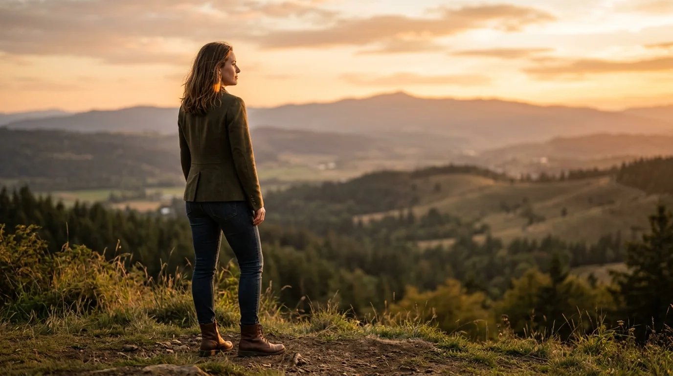 Pessoa em pe numa colina ao entardecer olhando o horizonte, com postura de autoconfianca tranquila