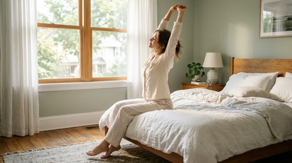 Pessoa sentada na beira da cama se espreguiçando ao acordar descansada com luz natural da manhã