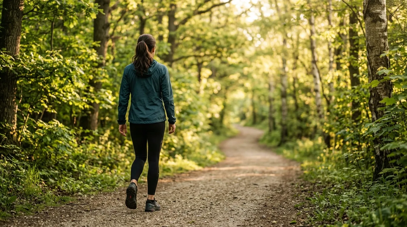 Pessoa caminhando por uma trilha arborizada de manhã, com energia após uma boa noite de sono