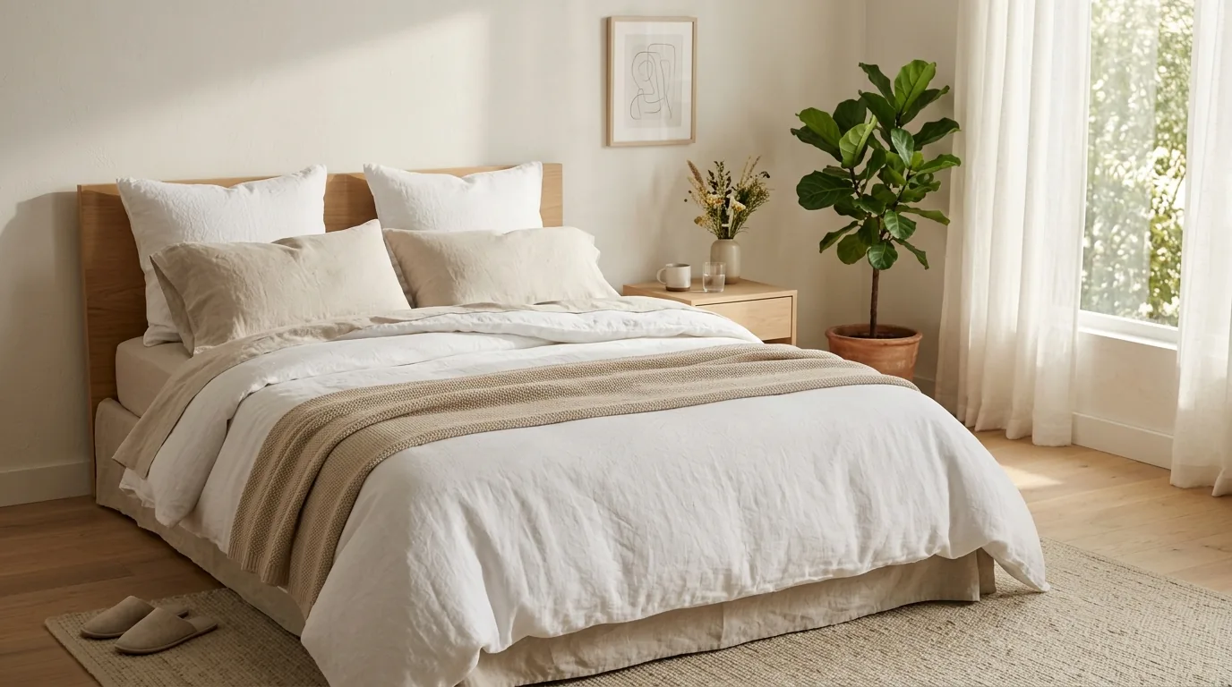 Cama arrumada com roupa de cama clara banhada pela luz suave da manhã em um quarto sereno