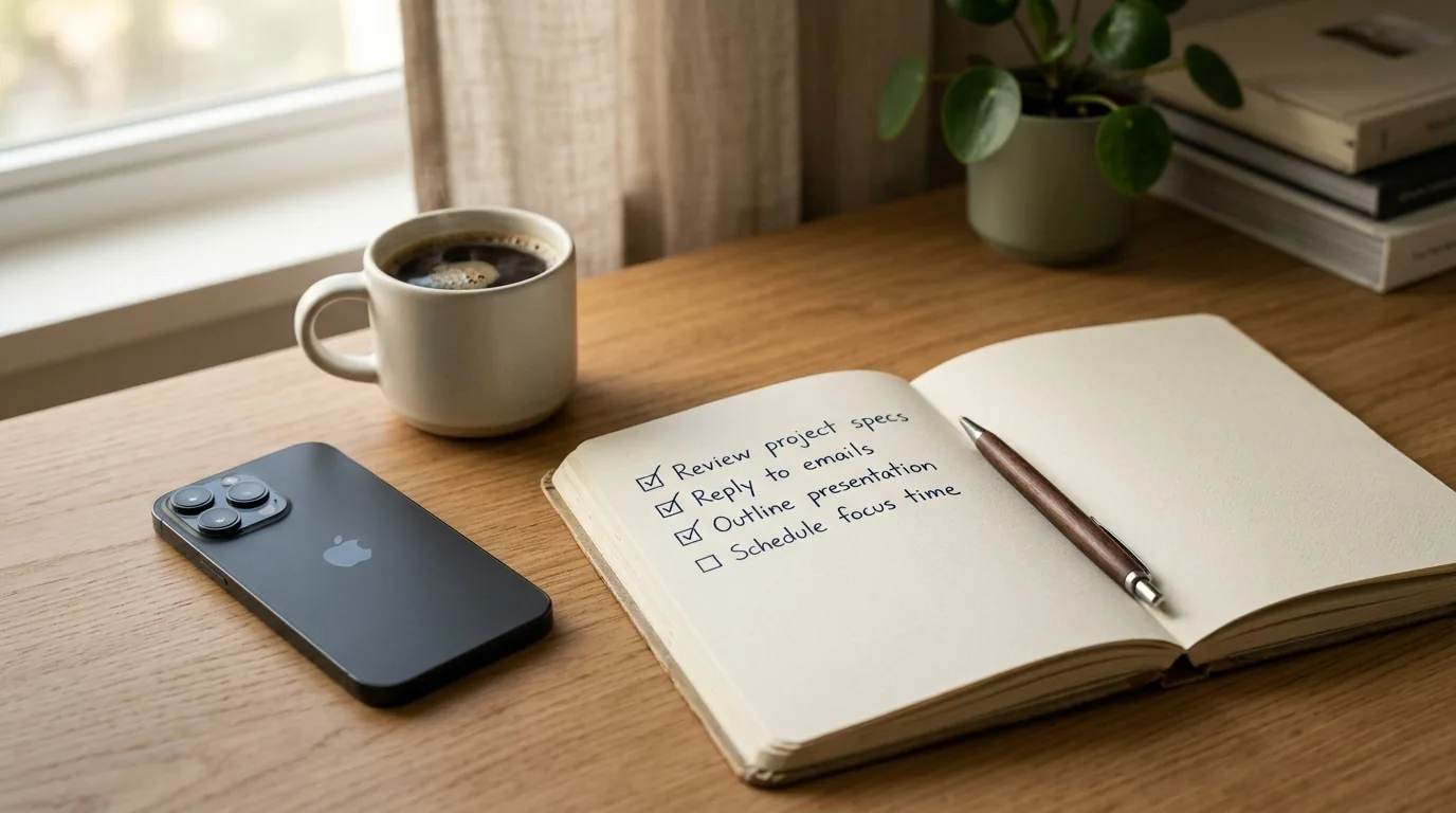Mesa organizada com o celular virado para baixo, um caderno com lista de tarefas e uma xicara de cafe