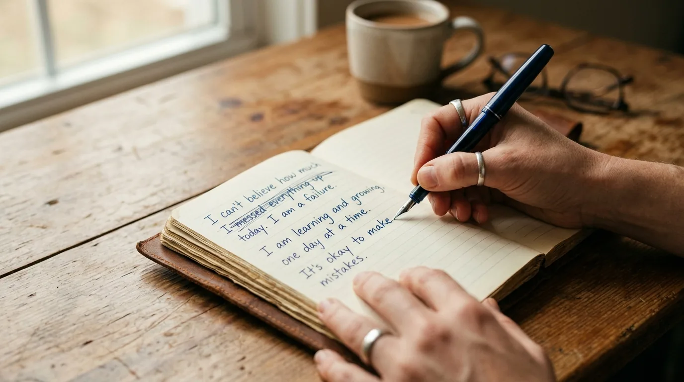 Maos escrevendo em um diario aberto, reescrevendo uma frase dura de forma mais gentil