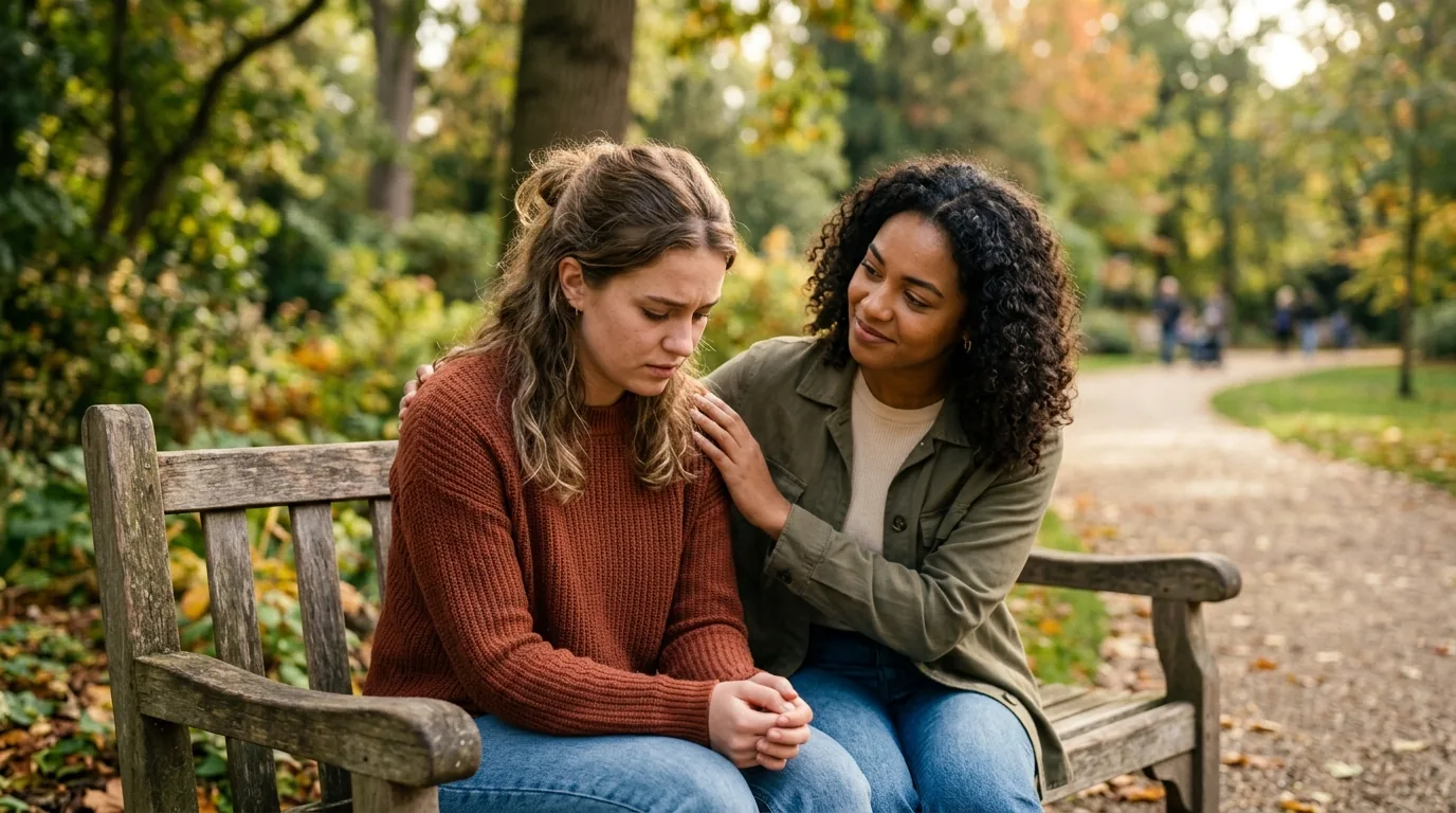 Duas amigas sentadas juntas, uma confortando a outra com uma mao gentil no ombro