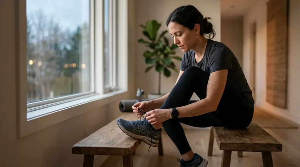 Pessoa amarrando o tenis de corrida ao amanhecer, comecando a rotina matinal com constancia