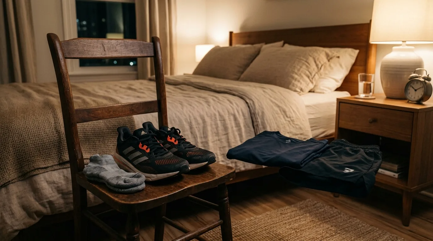 Tenis de corrida e roupa de treino separados na cadeira ao lado da cama na noite anterior