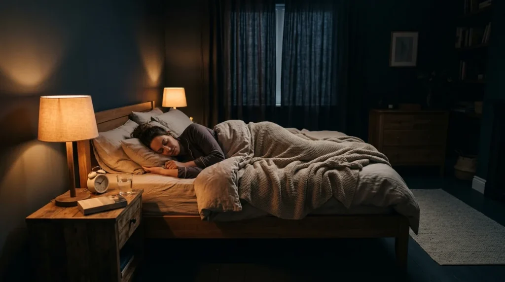 Quarto escuro e aconchegante à noite com uma pessoa dormindo tranquila sob o edredom e um abajur de luz quente