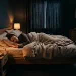 Quarto escuro e aconchegante à noite com uma pessoa dormindo tranquila sob o edredom e um abajur de luz quente